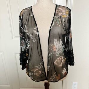 Maurices Black Floral Sheer Kimono - XL